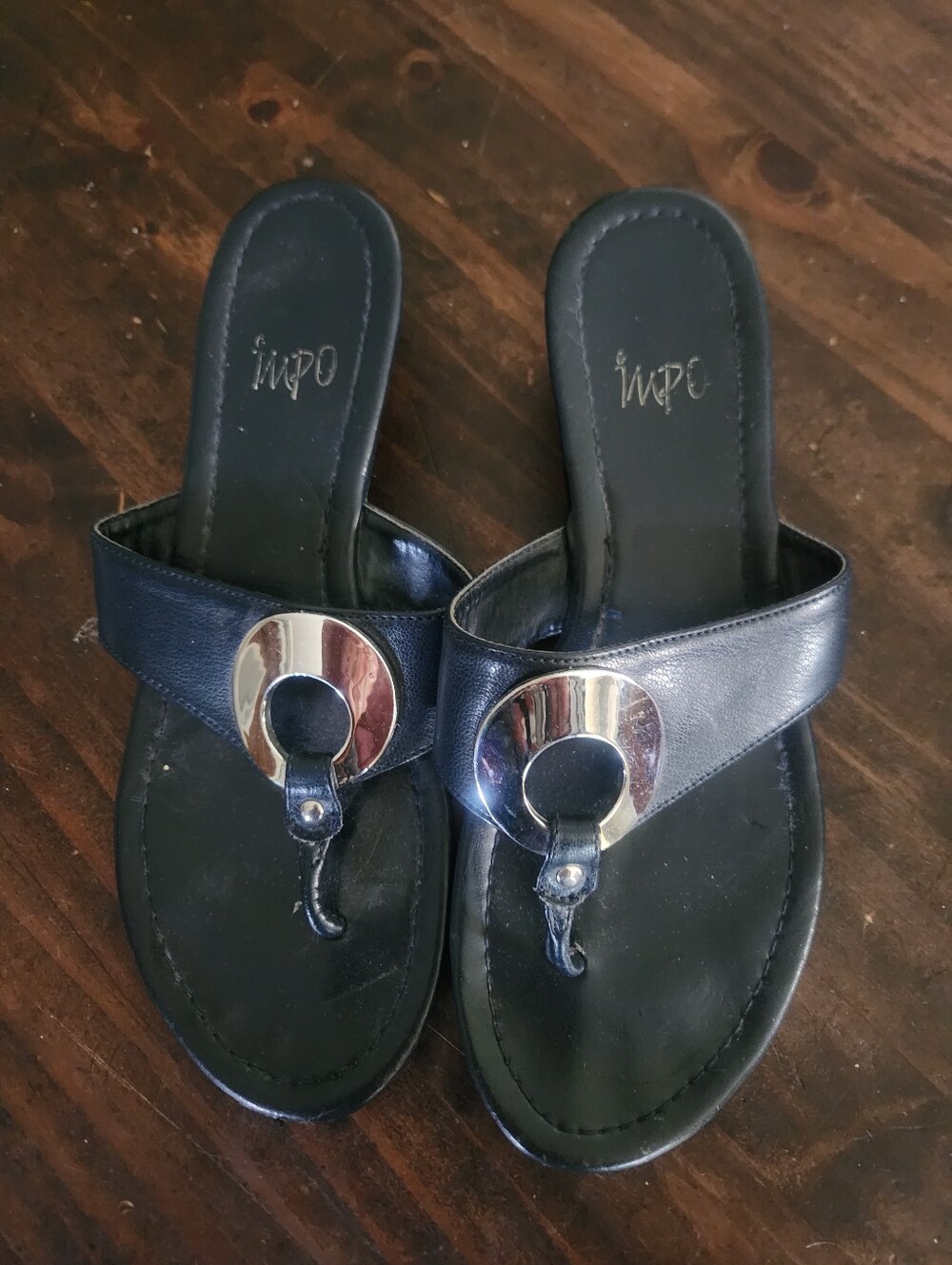WPO Ella Black Thong Sandals with Silver Ring Accent